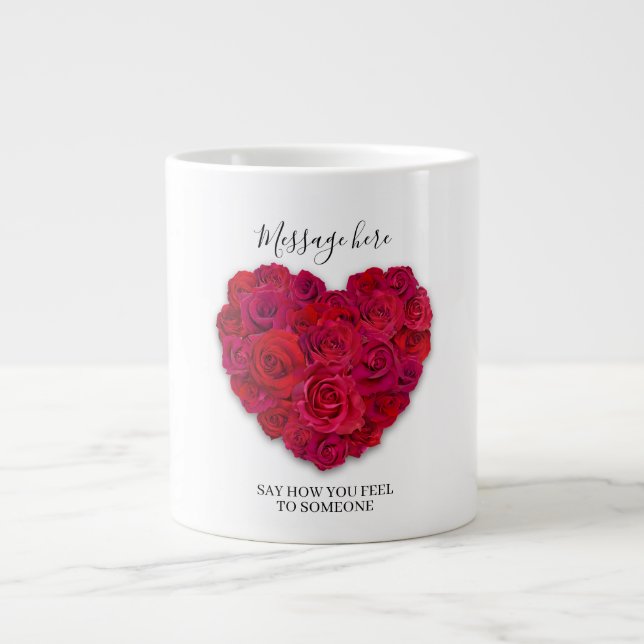 Grande Tasse Red Rose Heart Romantic Floral Custom Text (Devant)