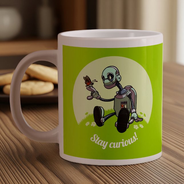 Grande Tasse Restez Curieux ! Caricature Robot Et Papillon (Créateur téléchargé)