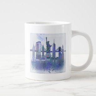 Grande Tasse Skyline de New York - Aquarelle bleue