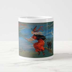 Grande Tasse Sorcière volant avec chat noir la nuit d'Halloween
