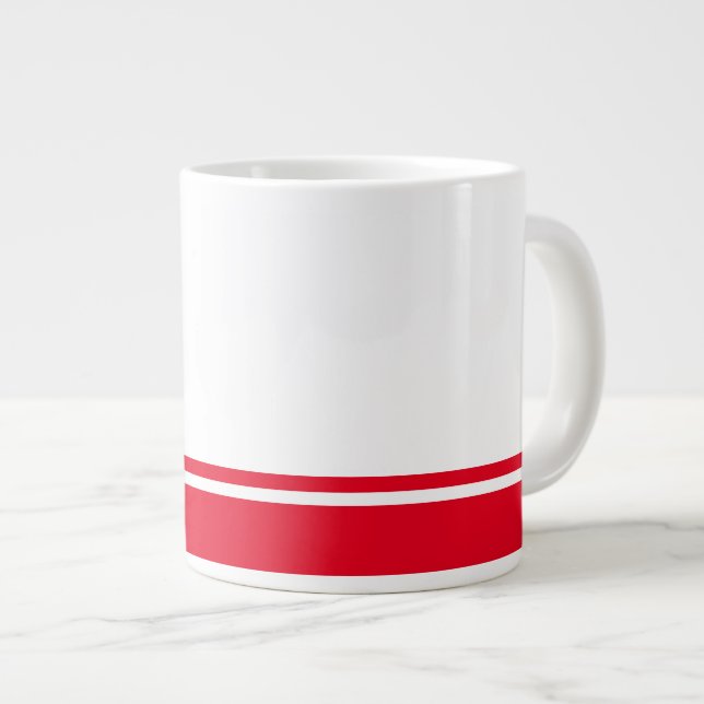 Grande Tasse Sporty Bright Red Bas Racing Stripes Sur Blanc (Devant droit)