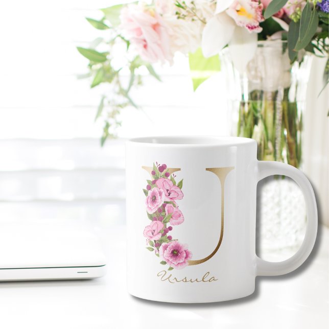 Grande Tasse U Lettre or Monogramme rose magenta Floral (Créateur téléchargé)