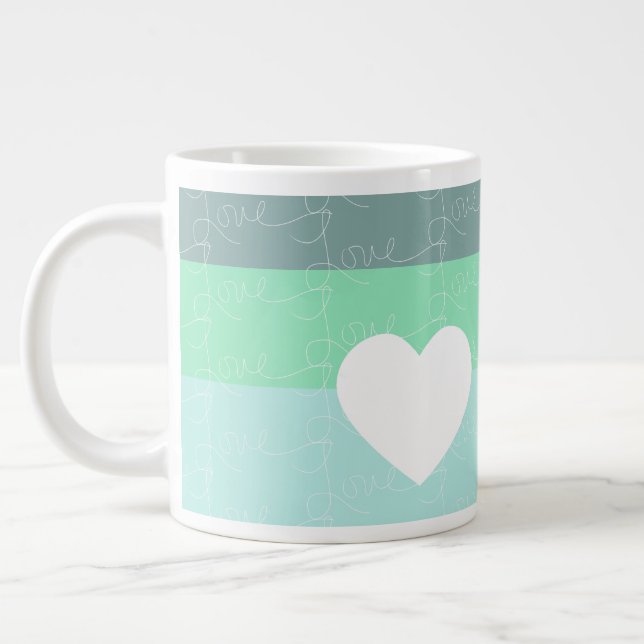 Grande Tasse Valentines Coeur Aimer Levé À La Main Bleu Vert (Gauche)