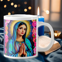 Vierge Marie Prière Rose Floral Blue Café