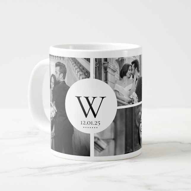 Grande Tasse Wedding Photo Collage Mug with Initial & Date (Devant gauche)