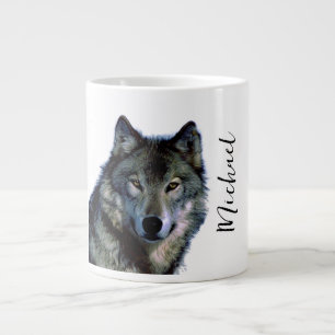 Grande Tasse Wolf Portrait Votre nom Écriture personnalisée