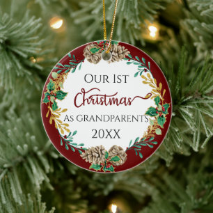 Grandeltern First Christmas Holly Pine Cone Foto Keramik Ornament