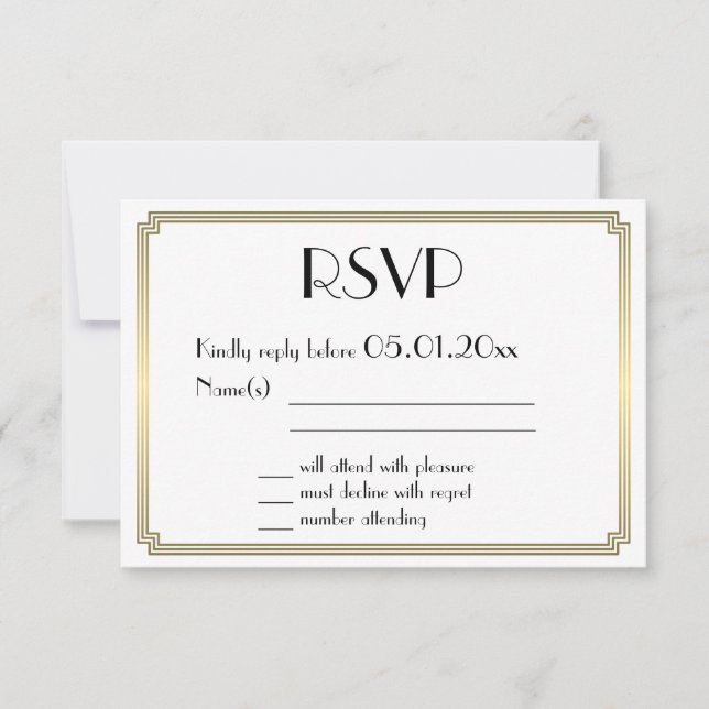 Grandes Cartes RSVP Gatsby Art Déco Gold Wedding (Devant)