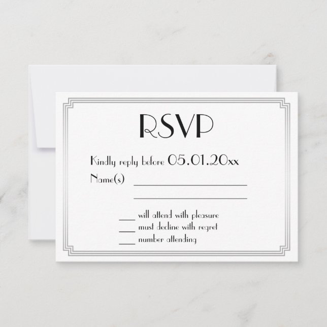 Grandes Cartes RSVP Gatsby Art Déco Mariage Argent (Devant)