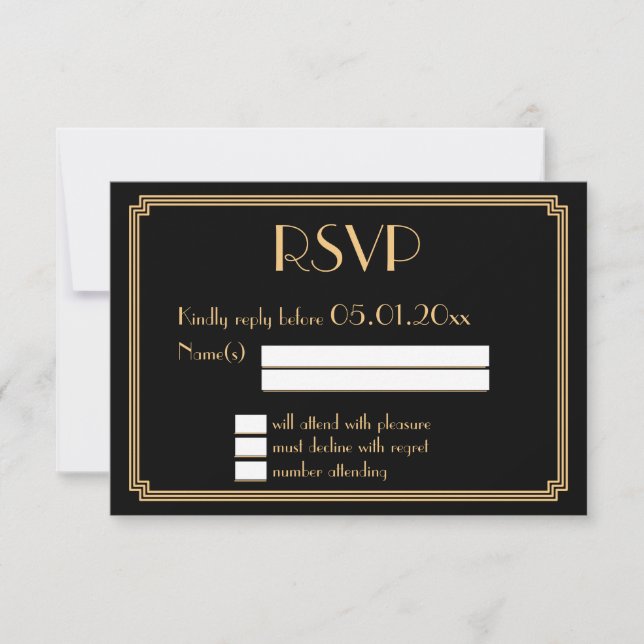 Grandes Cartes RSVP Gatsby Art Déco Noir Mariage (Devant)