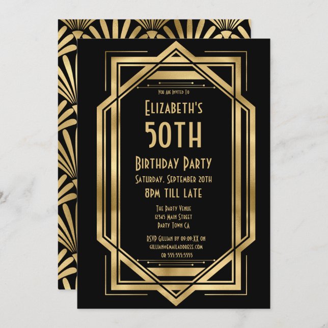 Grandes invitations Gatsby 50e anniversaire (Devant / Derrière)
