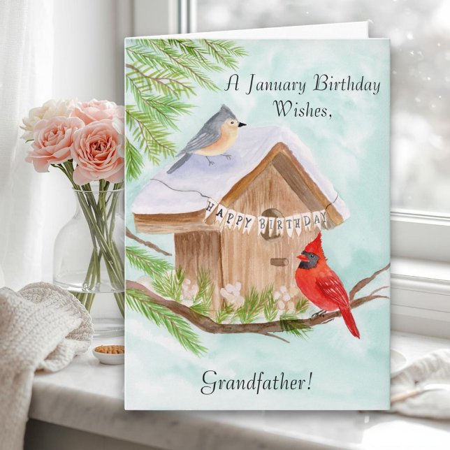  Grandfather Happy January Birthday Birds Karte (Von Creator hochgeladen)