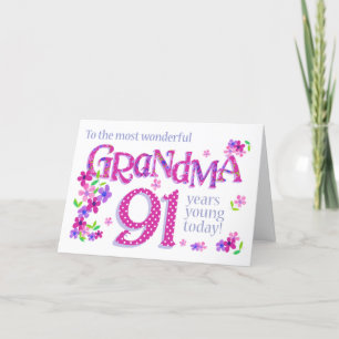 Grandma 91e Anniversaire Mot Art avec carte Fleurs