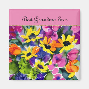 GRANDMA - Beste Oma je, Aquarellfarben-Blume, Magnet