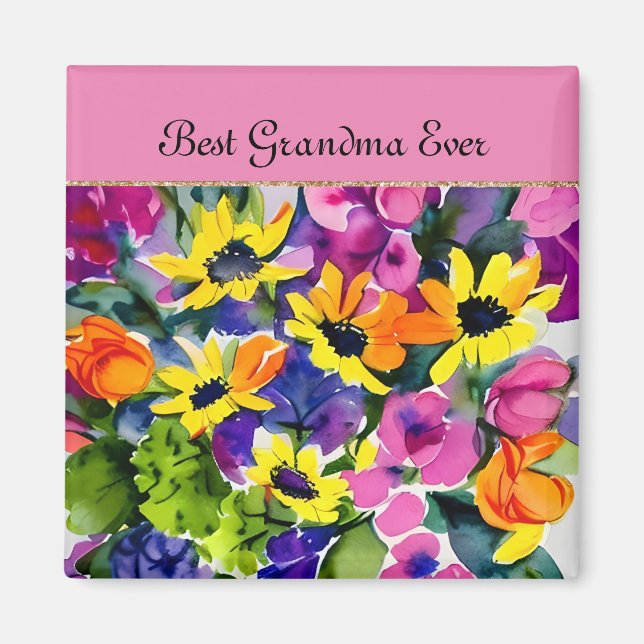 GRANDMA - Beste Oma je, Aquarellfarben-Blume, Magnet (Vorne)