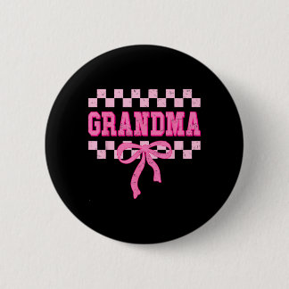 Grandma Birthday Squad Matching Pink Bow Checkered Button