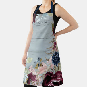 Grandma Burgundy Floral Pink Peony Dusty Blue Wood Schürze