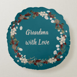 Grandma Christmas wreath on a rich teal Rundes Kissen