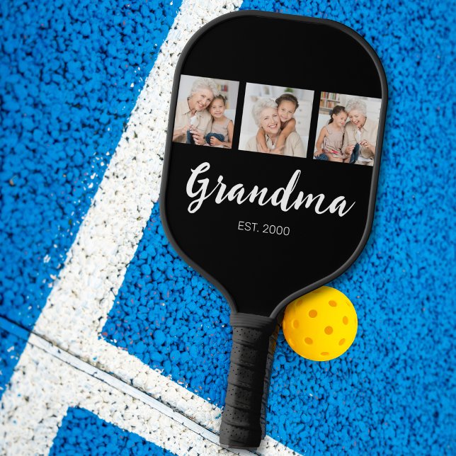 Grandma Established Elegant Script 3 Photo Black Pickleball Schläger (Von Creator hochgeladen)