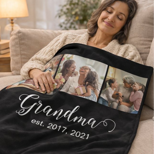 Grandma Established Script Gift 3 Photo Fleecedecke (Von Creator hochgeladen)