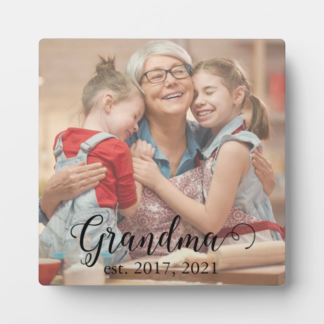 Grandma Established Year Modern Black Script Photo Fotoplatte (Vorderseite)