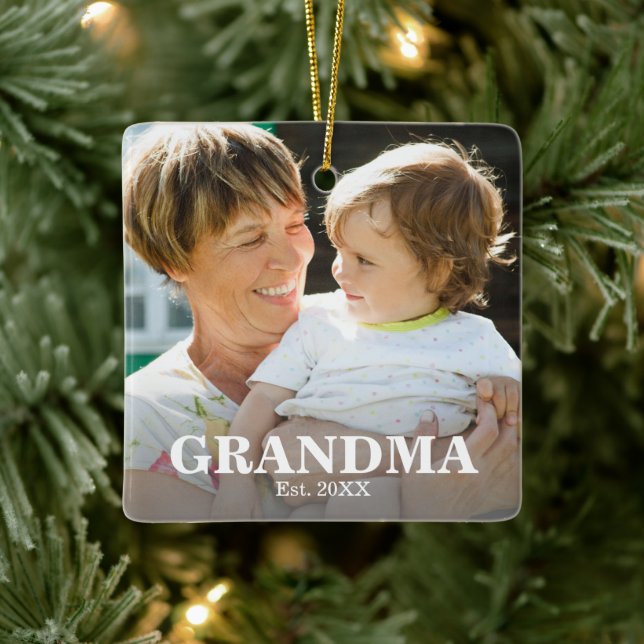 GRANDMA Established Year Photo Ceramic Ornament (Baum)