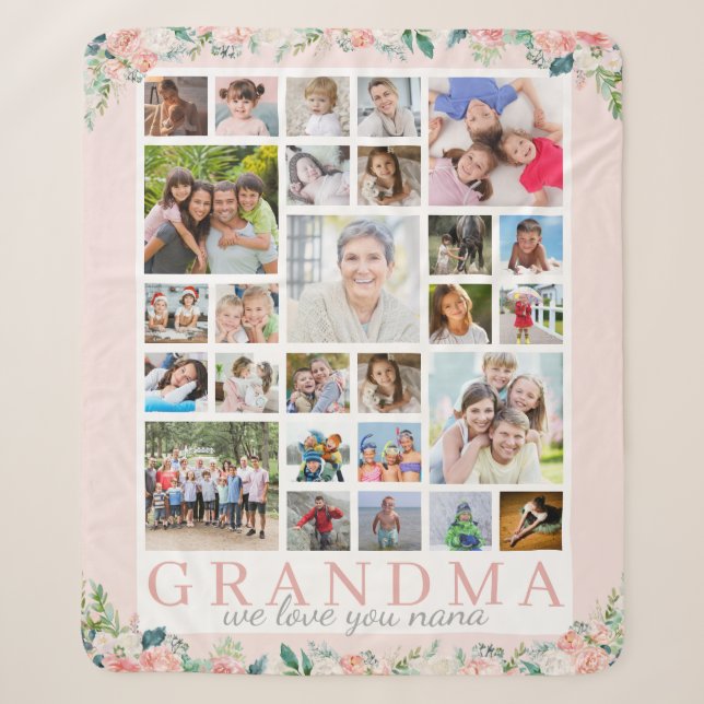 GRANDMA Foto Collage Bloral Blush Pink Sherpadecke (Vorderseite)