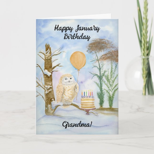 Grandma Happy January Birthday Owl Cake Karte (Vorderseite)