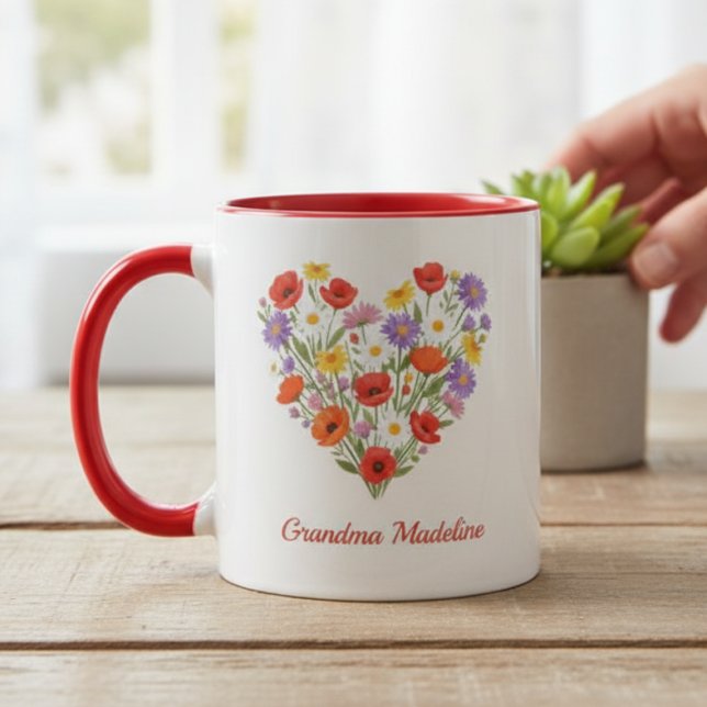 Grandma Mug - Heart-Shaped Wildflowers Tasse (Floral Heart personalized mug)