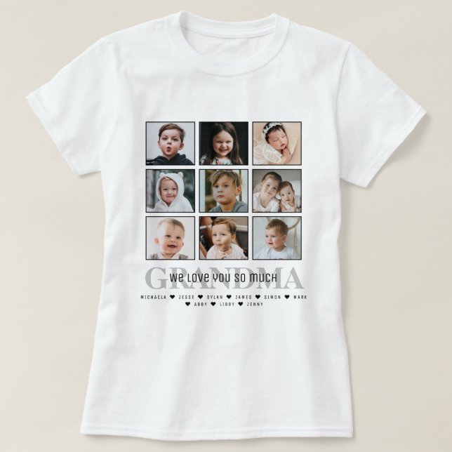 Grandma/Nana/Other 9-Photo Collage Message & Names T-Shirt (Design vorne)