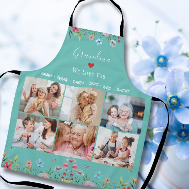 GRANDMA WIR LIEBE IHNEN Ihren Namen Foto Collage S Schürze ("Cherish kitchen moments with our Mother's Day apron, adorned with 'Mama/Grandma, We Love You.')
