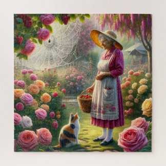 Grandma's Rose Garden Calico Cat & Floral Scene