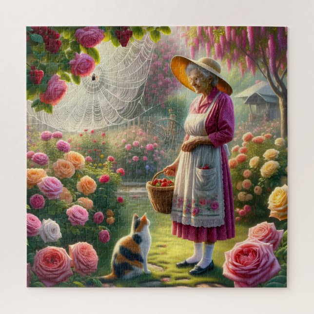 Grandma's Rose Garden Calico Cat & Floral Scene (Vertikal)