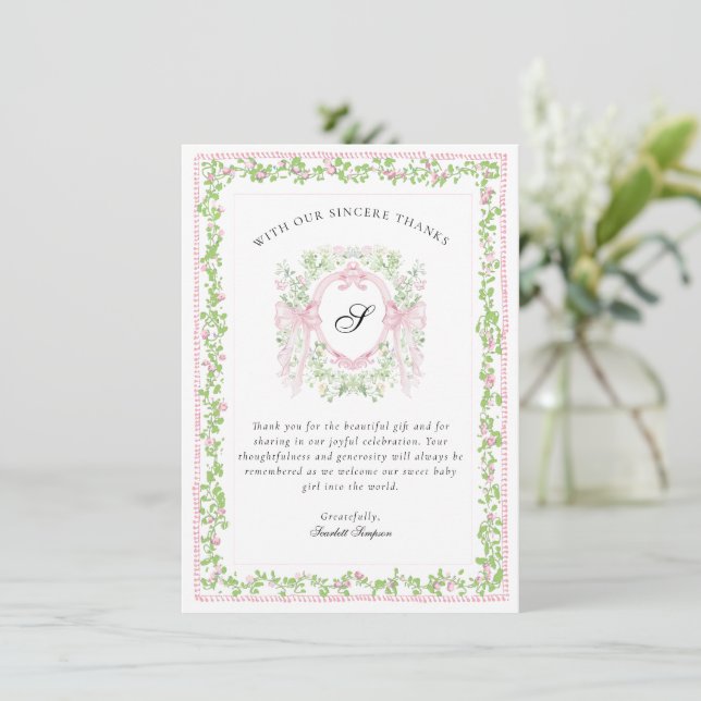 Grandmellinial Botanical Monogram Crest Thank You  Dankeskarte (Stehend Vorderseite)