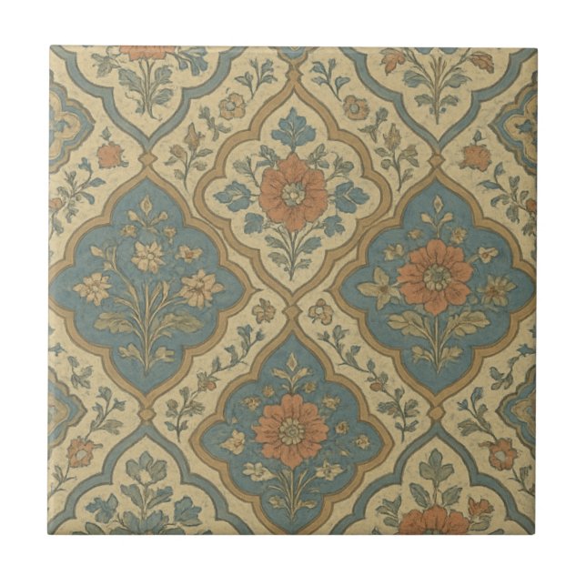 Grandmillenial Blue Orange marokkanische Flora Fliese (Vorderseite)
