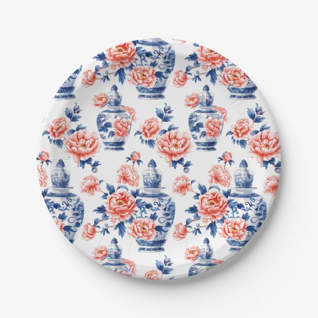 Grandmillenial Chinoiserie Ginger Jar Pink Peonies Pappteller (Vorderseite)