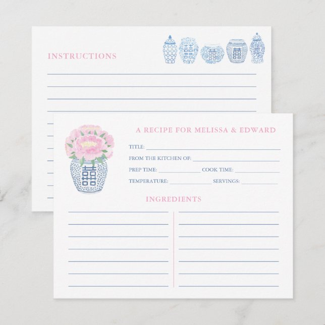 Grandmillenial Pink Peony Blue & White Rezept Card Einladung (Vorne/Hinten)