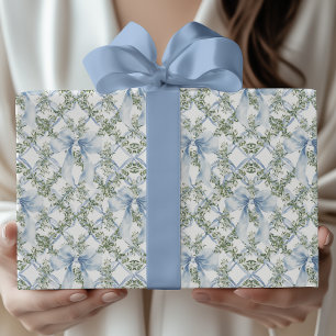 Grandmillennial Aquarell Blaue Schleife & Grünzeug Geschenkpapier