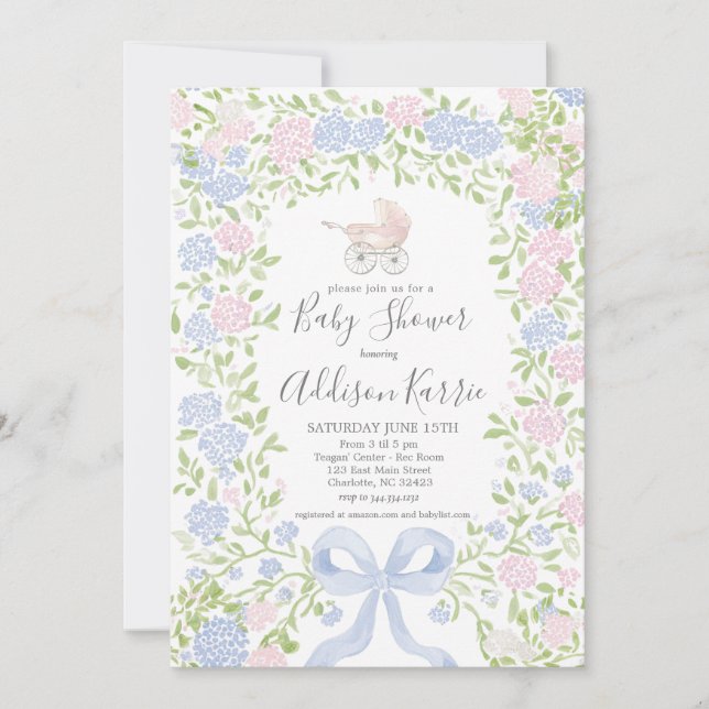 Grandmillennial baby carriage shower invitation (Devant)
