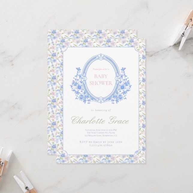 Grandmillennial Baby Shower Einladung mit Monogr (Vorderseite/Rückseite Beispiel)