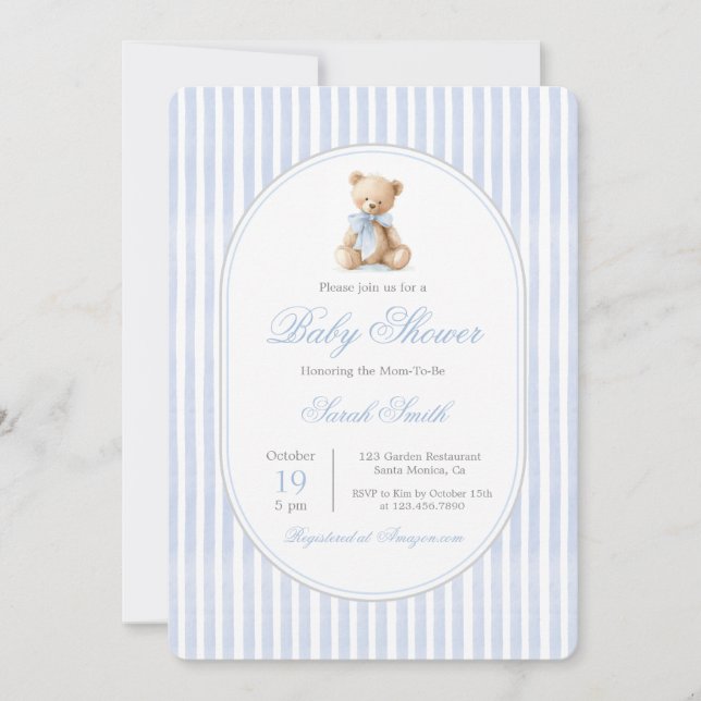 Grandmillennial Bear Baby Shower Boy Einladung (Vorderseite)