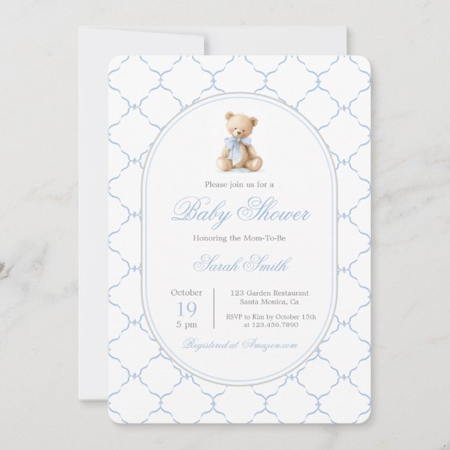 Grandmillennial Bear Baby Shower Boy Einladung (Vorderseite)