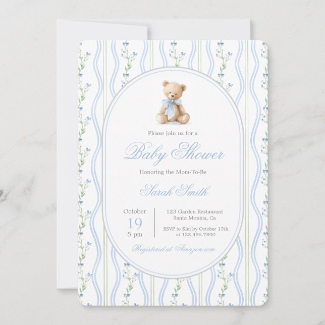 Grandmillennial Bear Baby Shower Boy Einladung (Vorderseite)