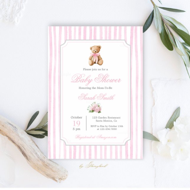 Grandmillennial Bear Baby Shower Girl Einladung (Von Creator hochgeladen)