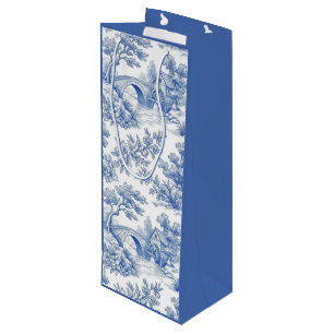 Grandmillennial Blau Toile Land Landschaft Geschenktüte Für Weinflaschen