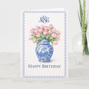 Grandmillennial Blaue Ingwer-Vase Rosa Tulpen Karte