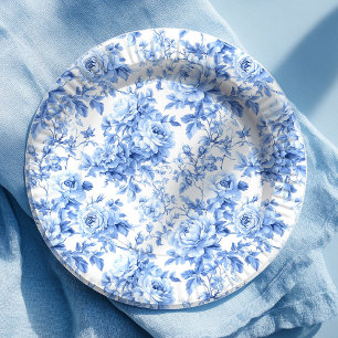 Grandmillennial Blue Toile Rosen Florales Papierta Pappteller