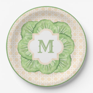 Grandmillennial Cabbage Leaf Monogram   Rattan Pappteller