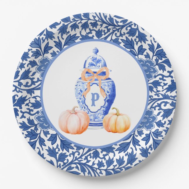 Grandmillennial Chinoiserie Ginger Jar Monogram Pappteller (Vorderseite)