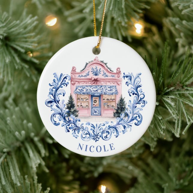 Grandmillennial Christmas Damask French Shop Keramik Ornament (Baum)